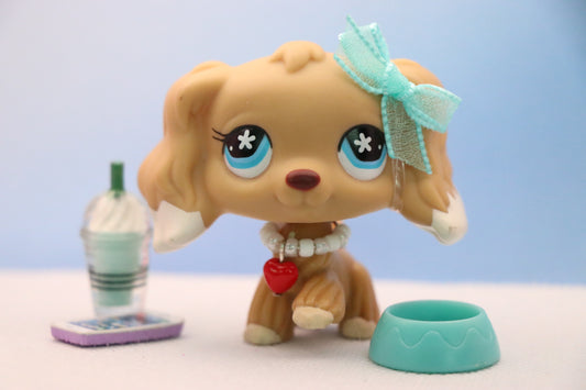 Authentic Littlest Pet Shop LPS Cocker Spaniel #748 Flower Eyes +4 Accessories